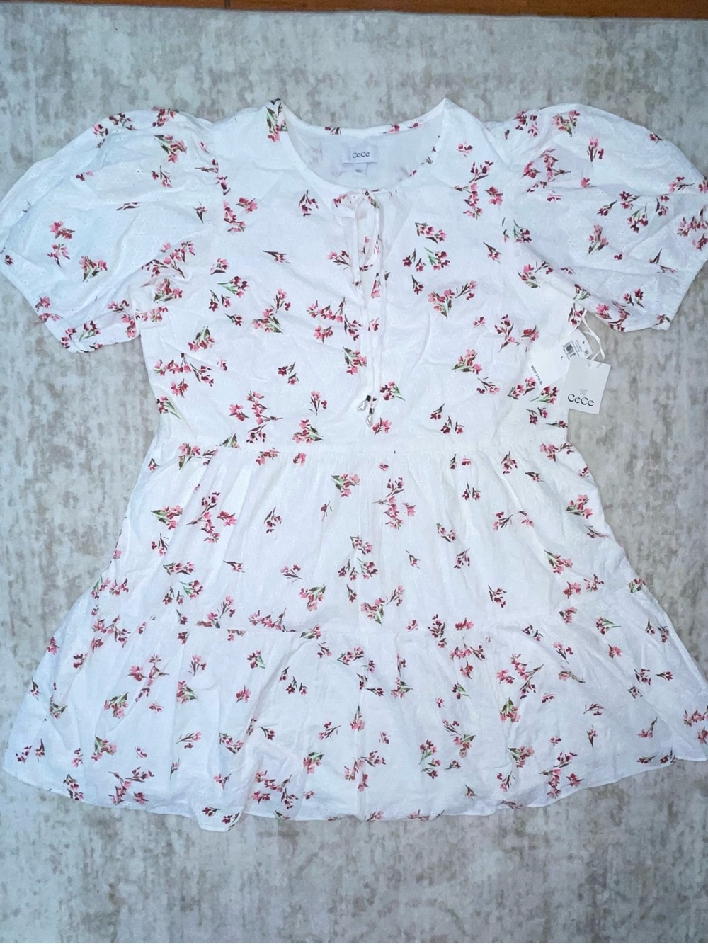 NEW CeCe Women's Printed Cotton Eyelet Puff-Sleeve A-Line Dress Size L - Picture 5 of 8